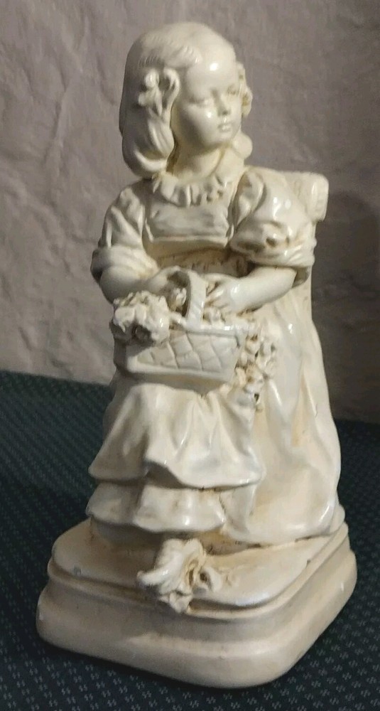 Vtg ABCO Girl Sitting In Chair With Flower Basket Sculpture White USA Made 9.5