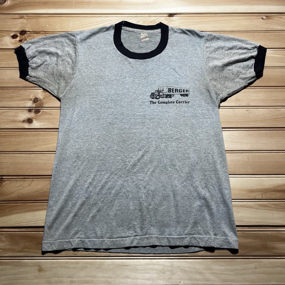 Vintage 80s Berger Semi Truck Transportation Ringer Shirt Size Large