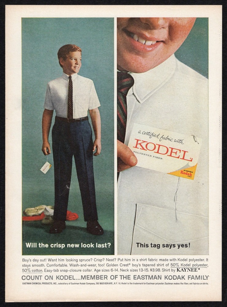 1963 Kodel Polyester Fiber Eastman Kodak Kaynee Crisp New Look Boys Print Ad Vtg