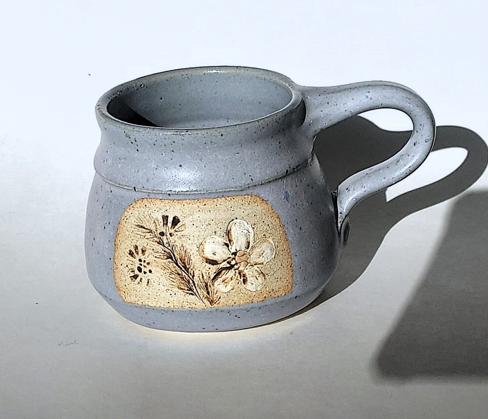 Artist signed pottery mug light blue periwinkle flower imprint cottage country