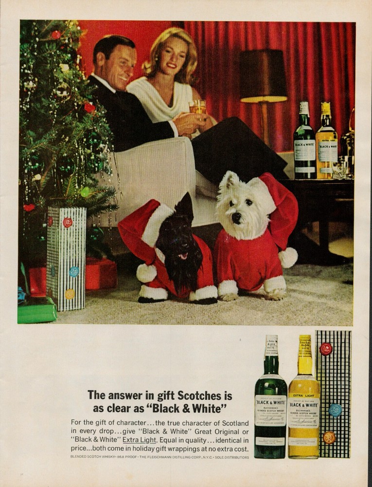 1964 Black & White Scotch Whiskey Alcohol Vintage Print Ad Christmas Tree Dogs