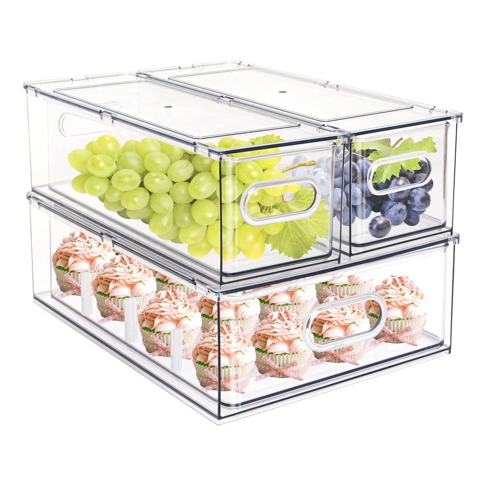 Set of 3 Stackable Refrigerator Organizer Bins Pull-Out Drawers for Fruit and...