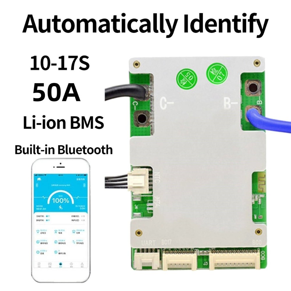 JBD 10S-17S Smart BMS 50A Li-ion Same Port w/Balance 36V 48V 60V Bluetooth UART