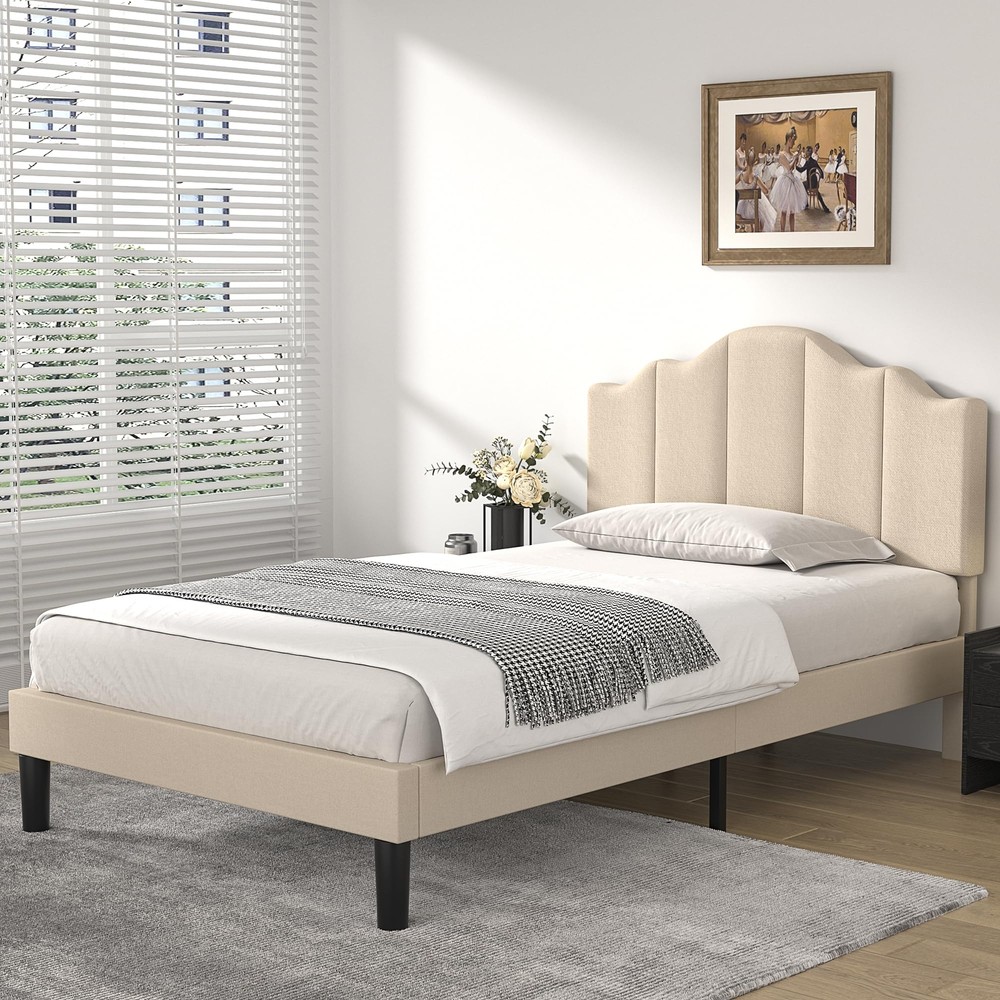 Twin Size Upholstered Platform Bed Frame with Adjustable Headboard, Wood Slat...