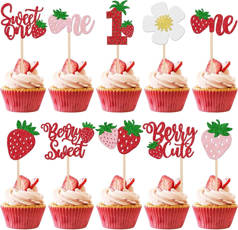30 Glitter Strawberry Cupcake Toppers for 1st Birthday Sweet Berry Theme
