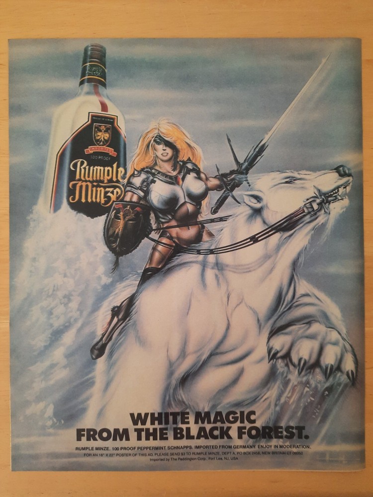 1987 Rumple Minze Schnapps Vintage Print Ad Warrior Princess Polar Bear Wall Art