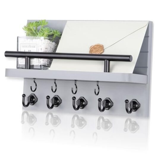 Wall-Mounted Gray Key Holder with 9 Hooks and Shelf for Entryway Organization