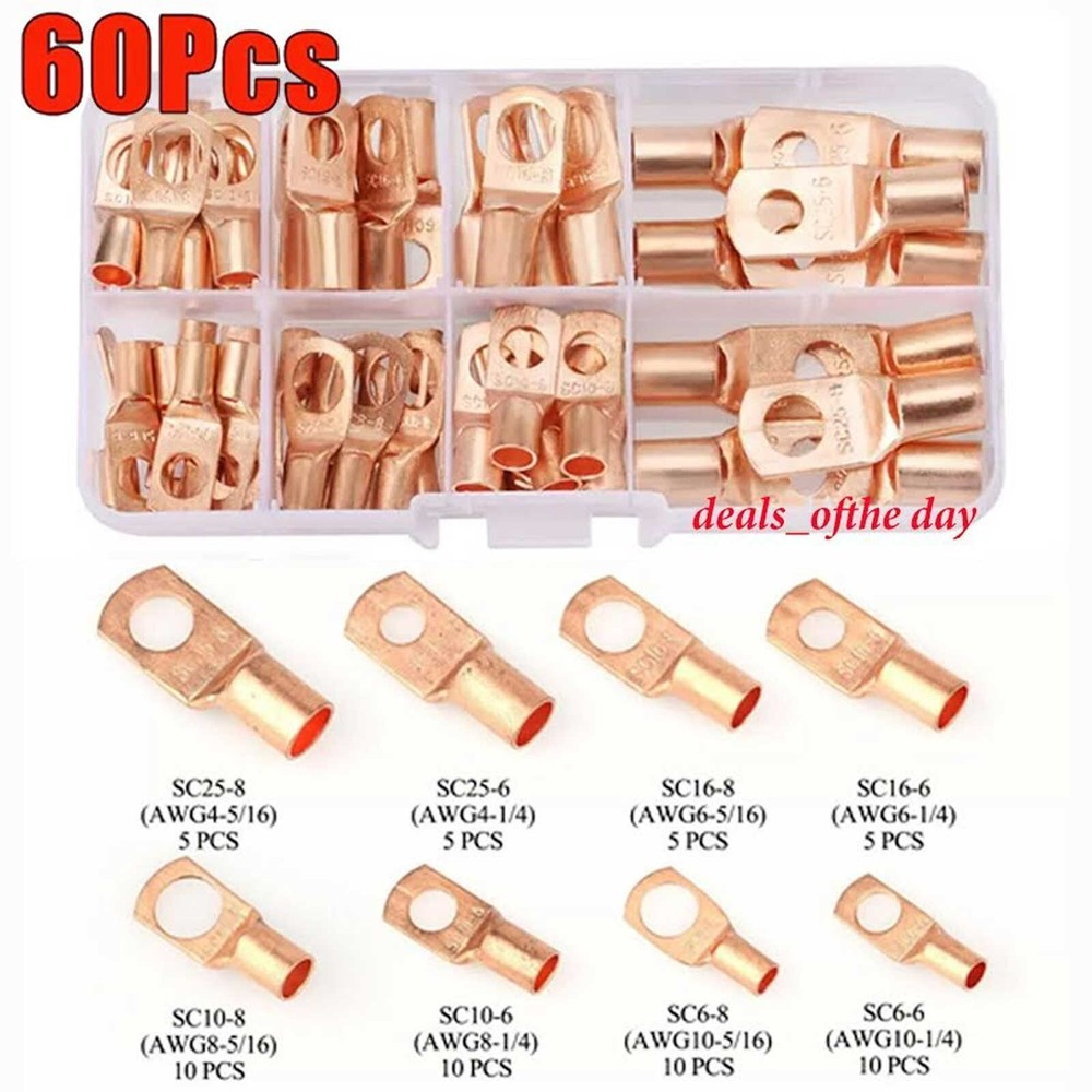 60PCS Battery Lugs Terminal Ring Connector Bare Copper Wire Gauge SC6-25 Kit