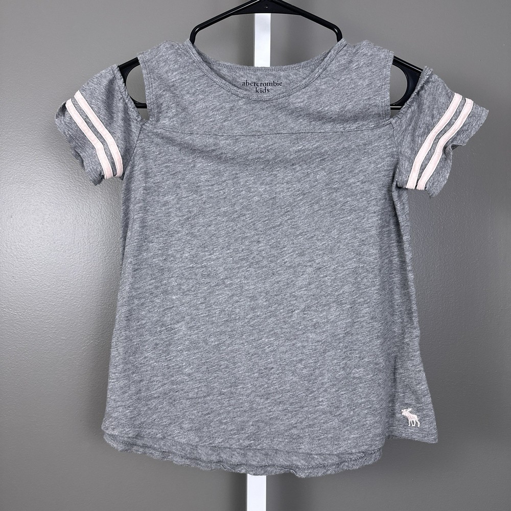 Abercrombie Kids Cold Shoulder Top Gray Pink Size 11/12 Moose Logo Cotton Blend-image