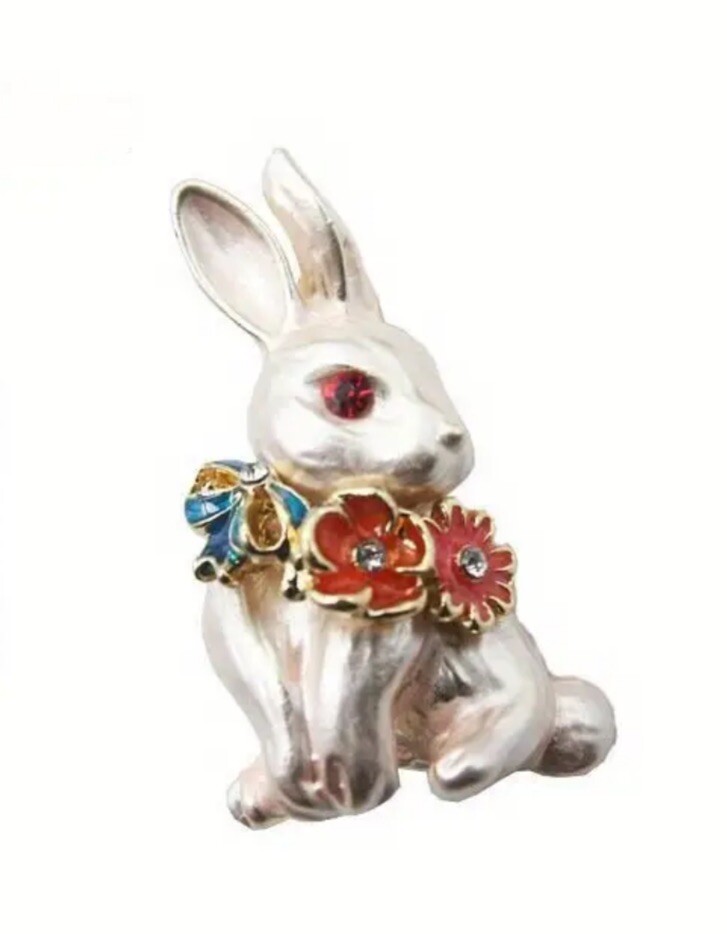White Rabbit Brooch With Enamel Flowers and Red Eyes Pin Pendant Label