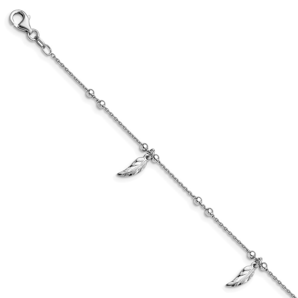 925 Silver Rhodium-Plated Feather Anklet 9in w/1in Ext 3.39g