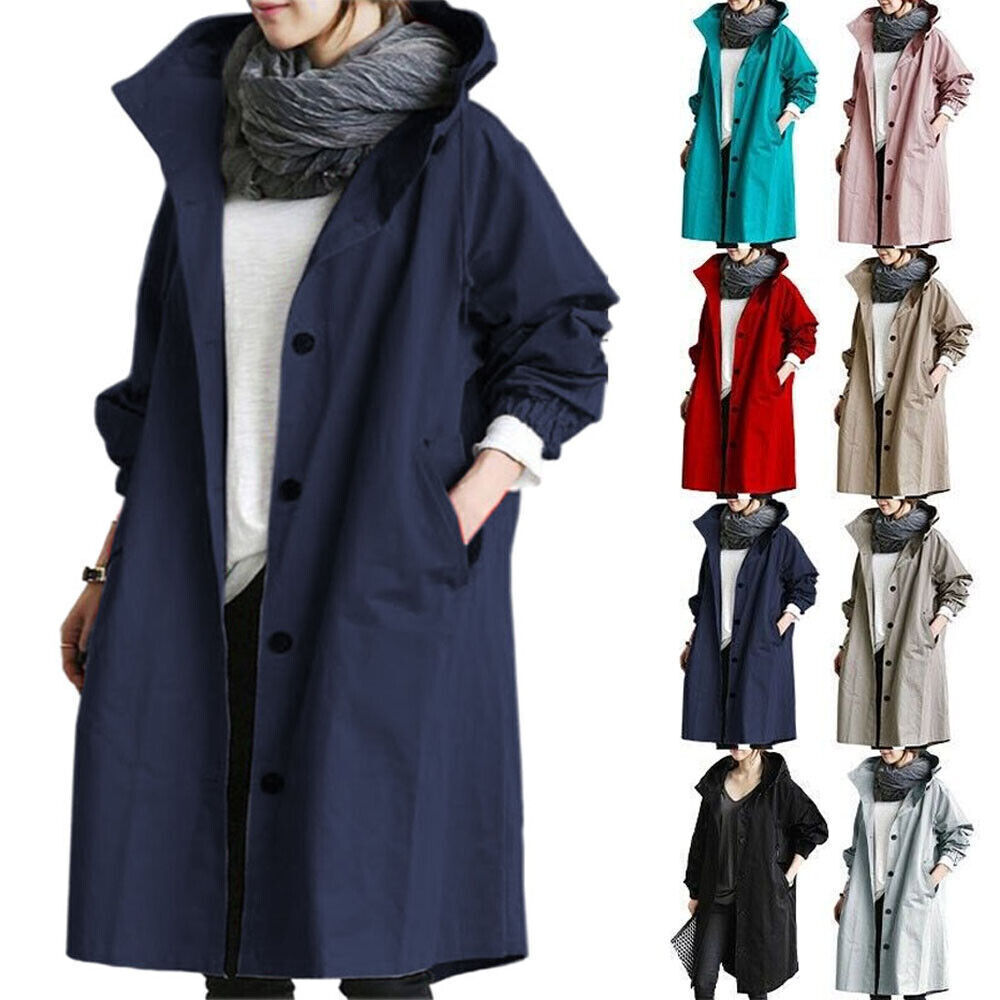 Womens Oversize Hooded Trench Coat Outdoor Ladies Wind Raincoat Forest Jacket US
