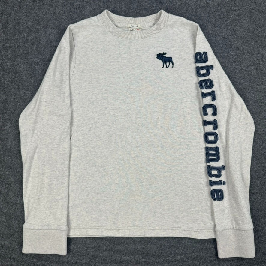 Abercrombie NY T-Shirt Boys Youth L Gray Long Sleeve Muscle Moose Logo Spellout-image
