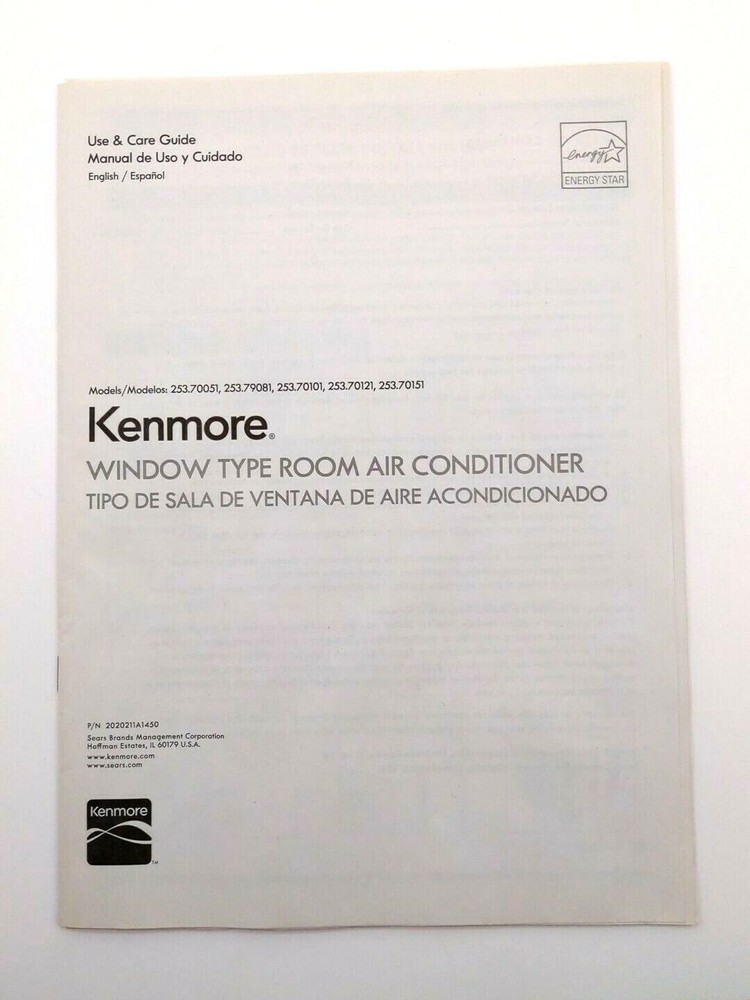 Kenmore 253.70051, 79081,70101.70121 Window AC Air Conditioner Manual