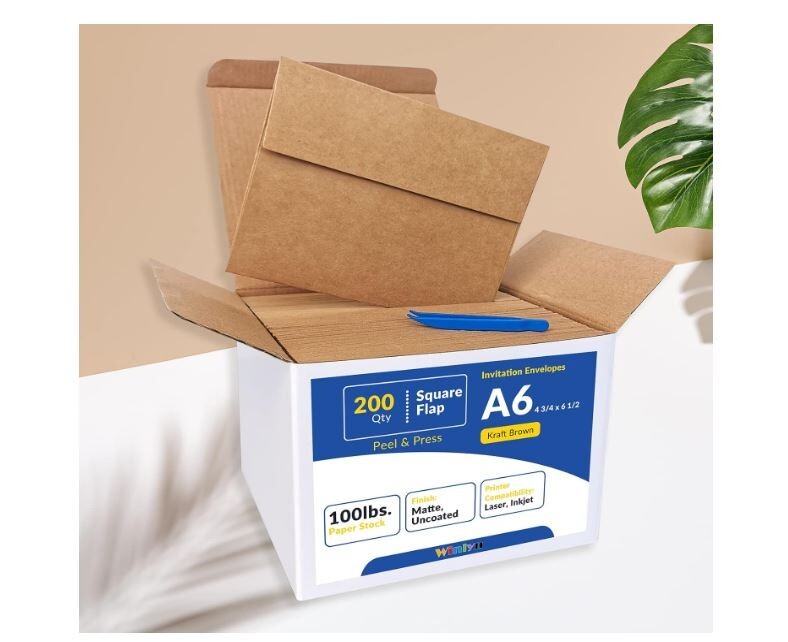 200 Pcs A6 Invitation Envelopes in Brown Kraft Peel & Seal Self-Seal 4 3/4 x ...