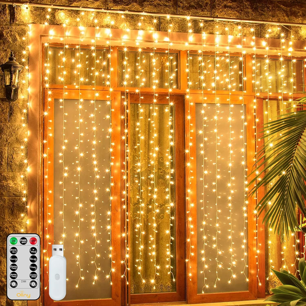 Curtain Lights 200LED 6.6X6.6Ft, USB Christmas Curtain Lights Warm White with Re