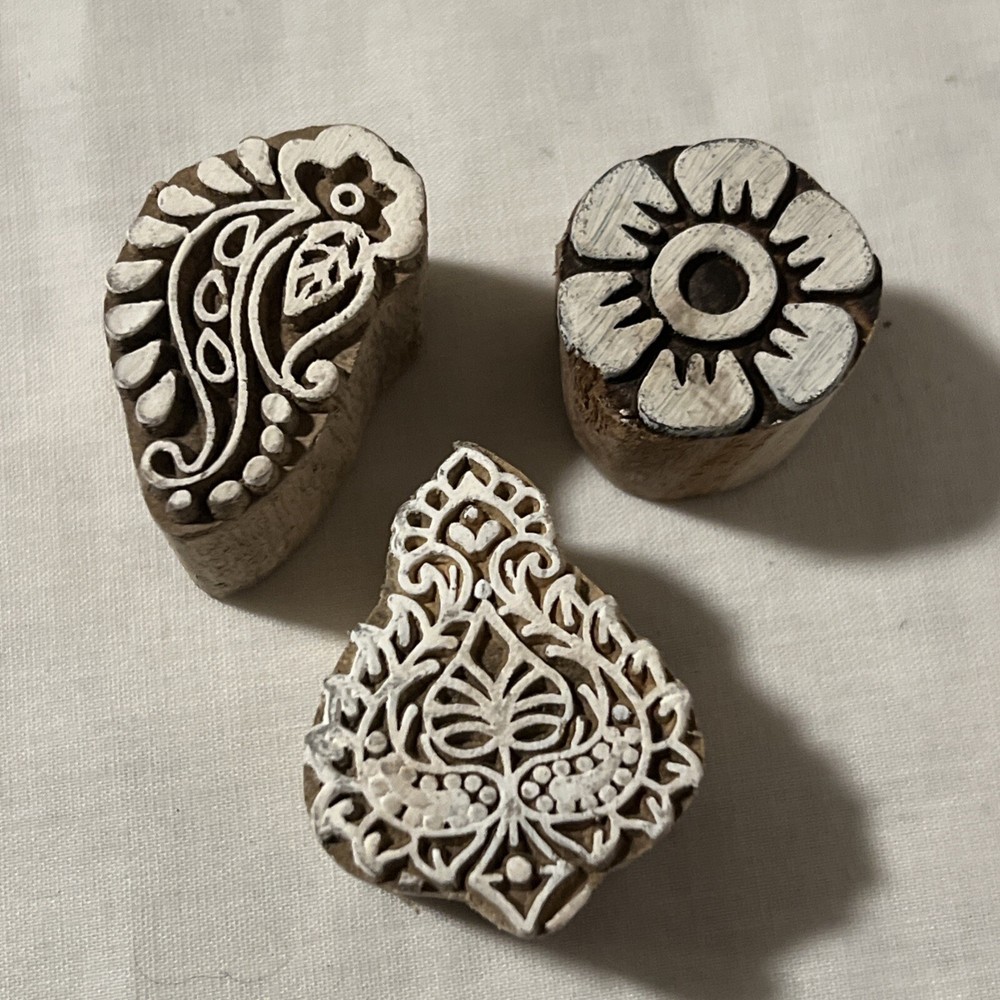 Wood Block Art Small Stamps Hand Carved Printing Block Textile Stamp Set 3