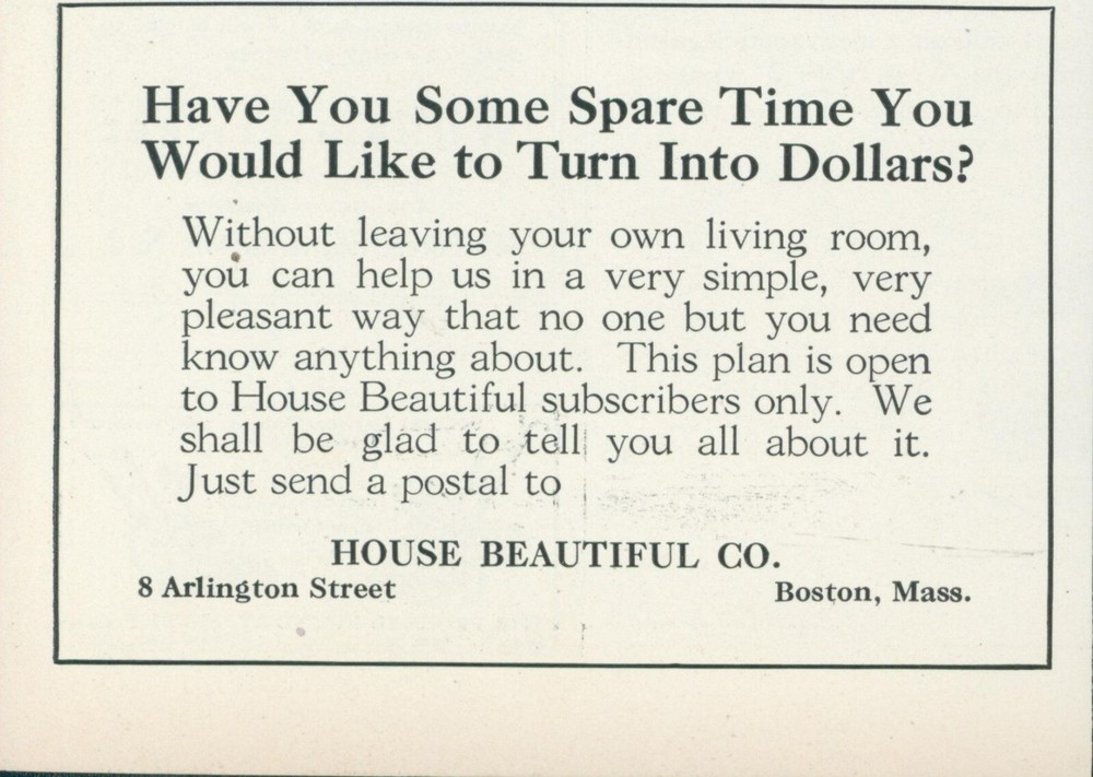 1926 House Beautiful Make Money From Home Print Ad HB1 Vintage Spare Time Income