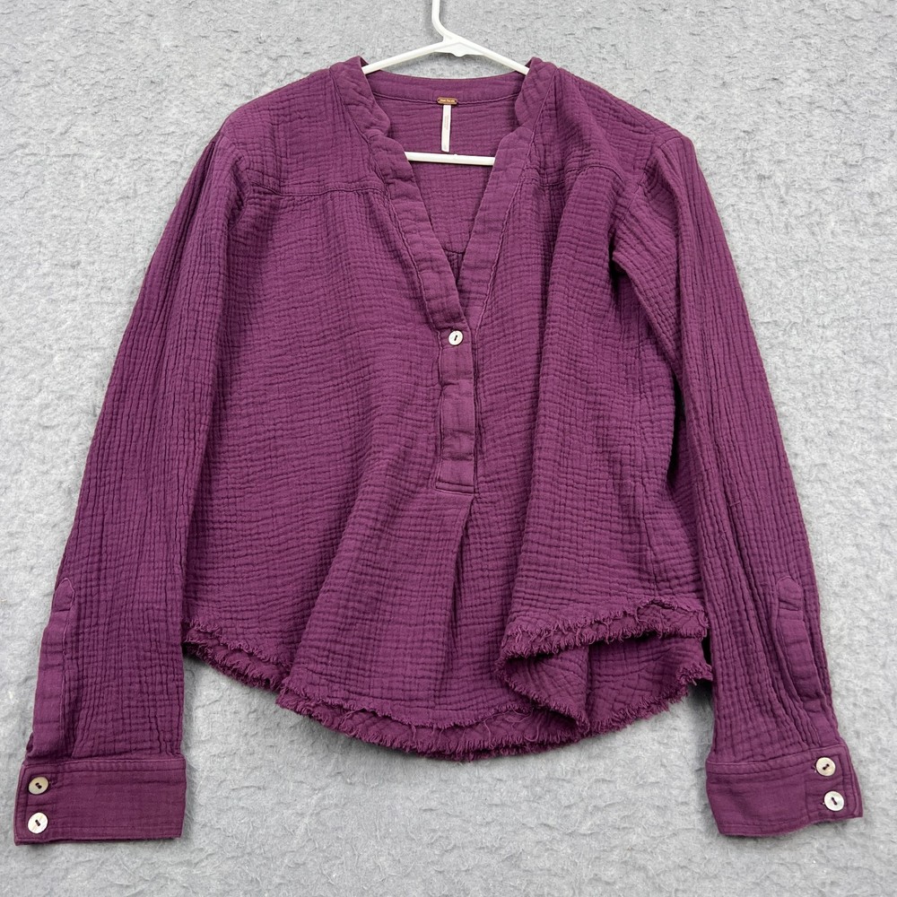Free People Changing Horizons Top Women's Small Purple Gauze Popover Raw Shirt