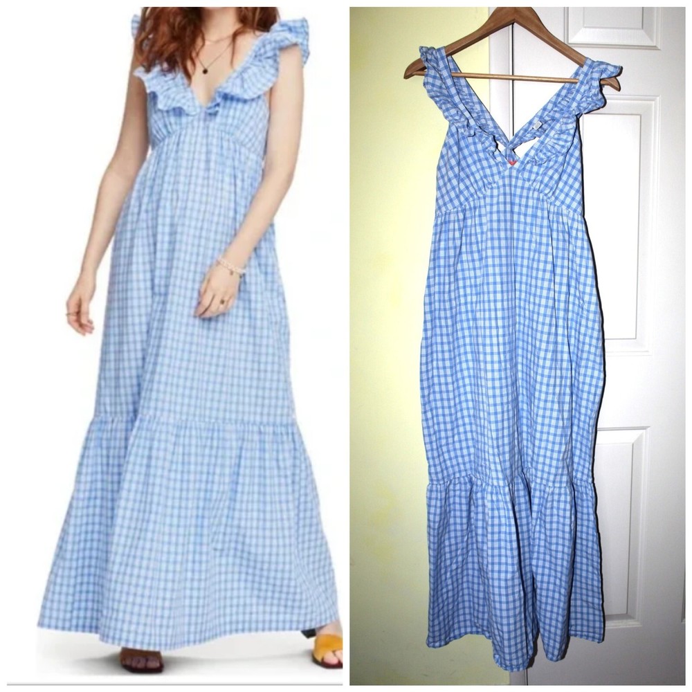 Scotch & Soda Gingham Maxi dress Blue Stripped Casual Ruffle Size L Beach please