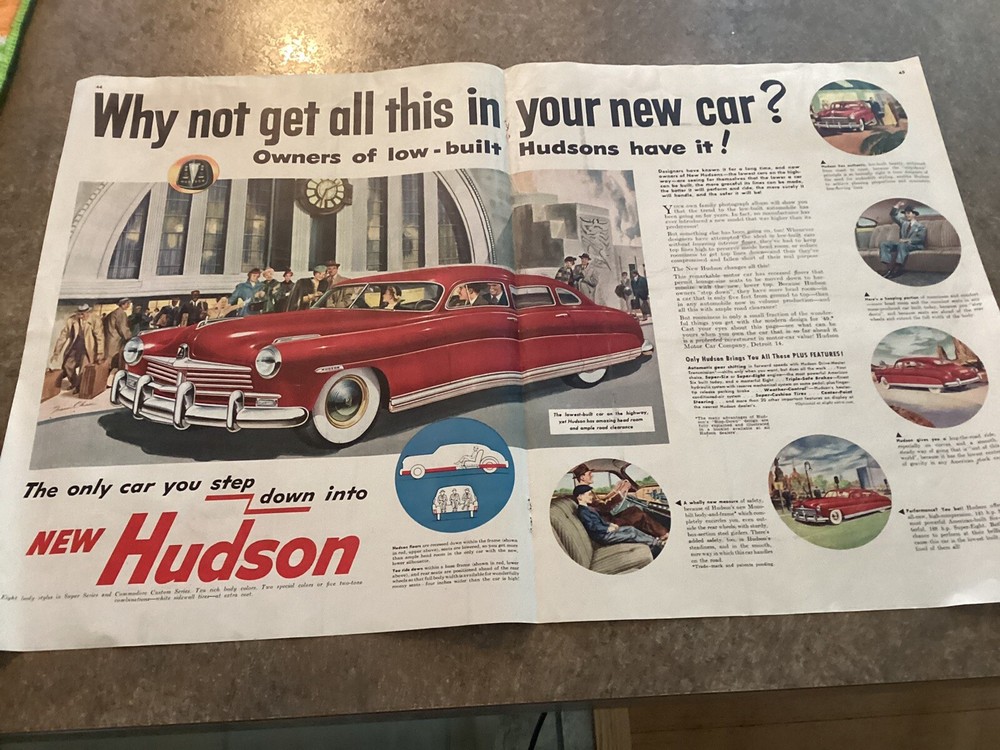 1949 Vintage Print Ad Hudson 4 Door Car. Why Not Get All This