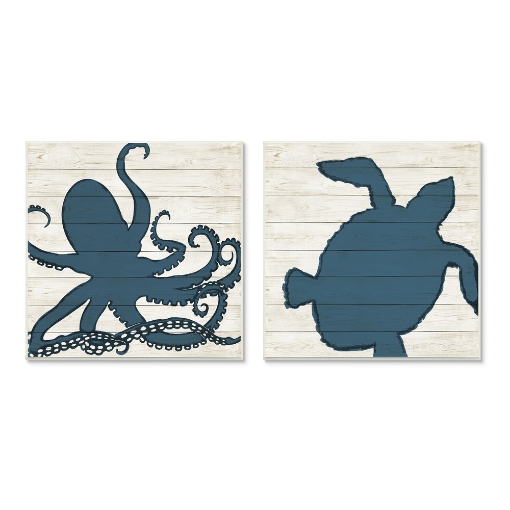 Stupell Nautical Blue Silhouette Octopus Sea Turtle Aquatic Blue 12 x 12