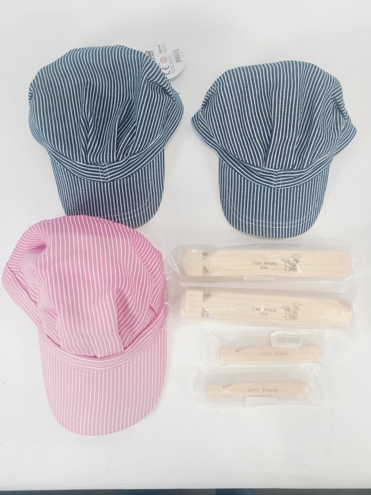 Wooden train whistles and engineer hats lot 7 pieces NEW