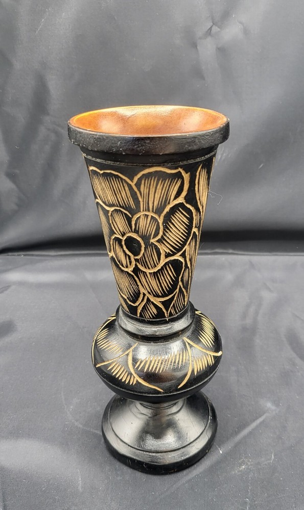 Vintage Hand Carved Floral Turned Wood 9.5 Inch Pedestal Vase Vessel