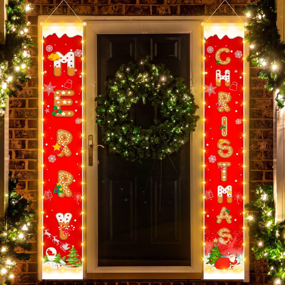 Christmas Decorations Banners with String Lights, Cookie Pattern Merry Christ...