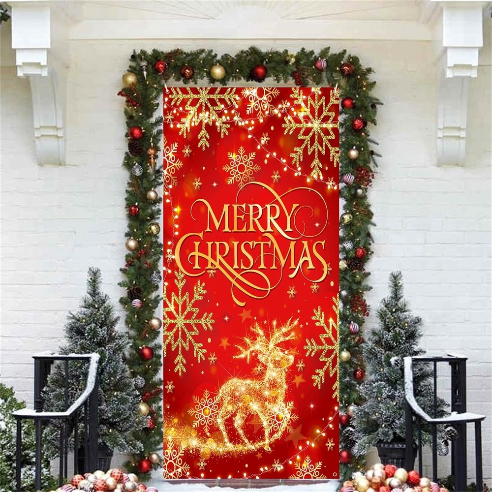 Christmas Decorations Door Cover, Red Glitter Merry Christmas Reindeer Elk Do...