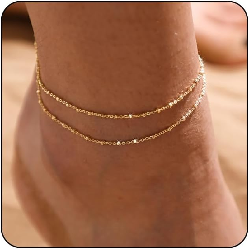 14K Gold and Silver Waterproof Ankle Bracelets for Women