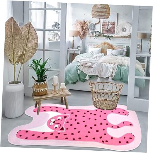 Kids Rug Carpet Leopard Print Rug Pink Animal Shape Area Rug for Kids Room