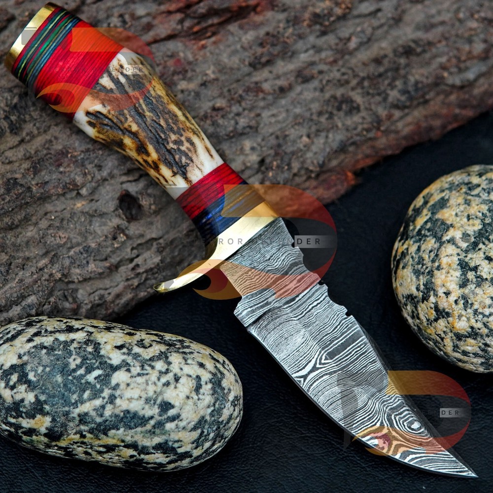 HANDMADE DAMASCUS CUSTOM STAG/ANTLER FIXED BLADE HUNTING KNIFE/BRASS / SHEATH