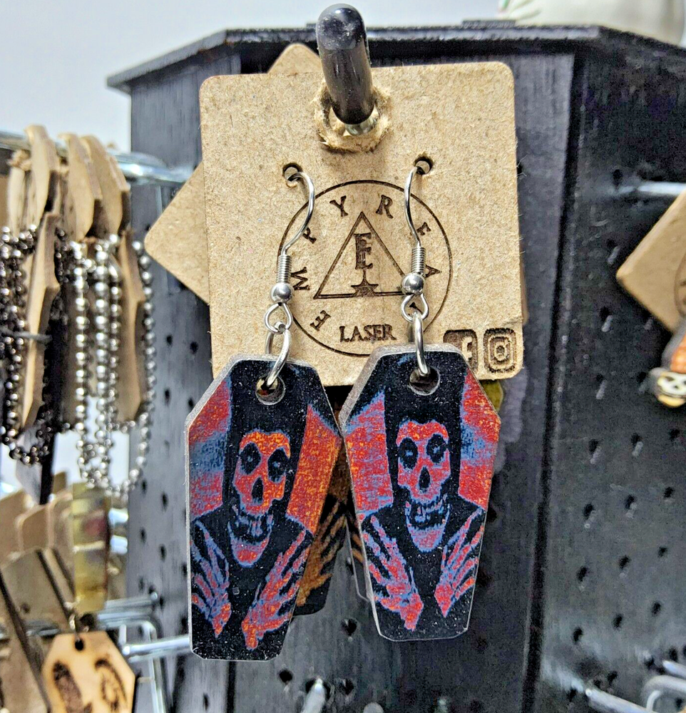Laser engraved cut coffin misfits earrings hallowen custom punk horror fashion