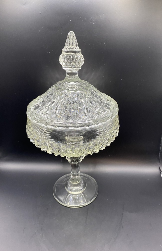 Vintage Indiana Glass diamond point cut crystal compote with lid ZZ O 3