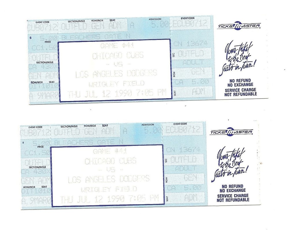 Chicago Cubs vs Los Angeles Dodgers Unused Baseball Tickets from 7/12/1990