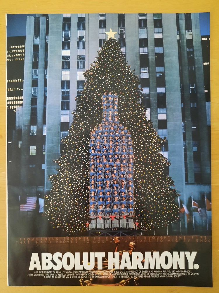Absolut Vodka Harmony Christmas Tree Chorus Choir Vintage 1992 Print Ad
