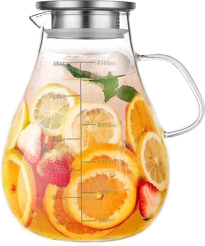 Glass Pitcher with Lid,88 Ounces -2500Ml with Precise Scale Line, Hot/Cold Water