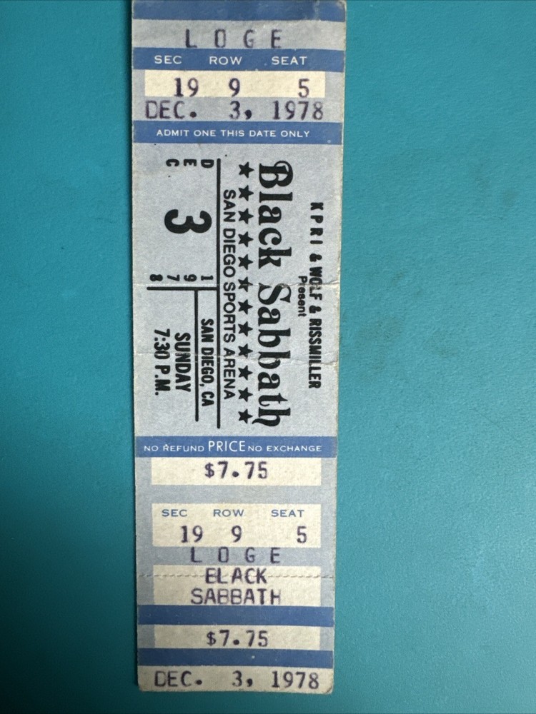 1978 Vintage Black Sabbath Unused Concert Ticket 12/3/78 San Diego, CA