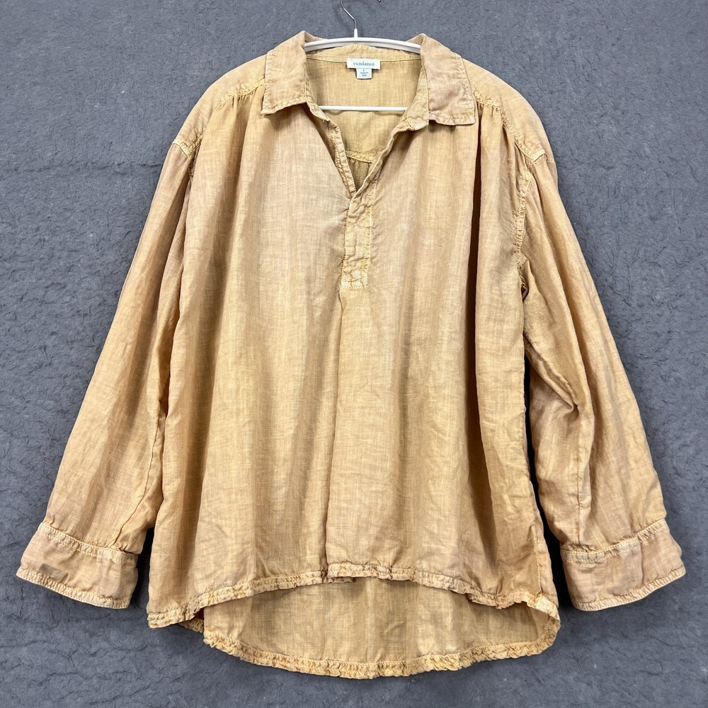 Sundance Top Women's Large Yellow 100% Linen Woven Collared Long Sleeve Popover