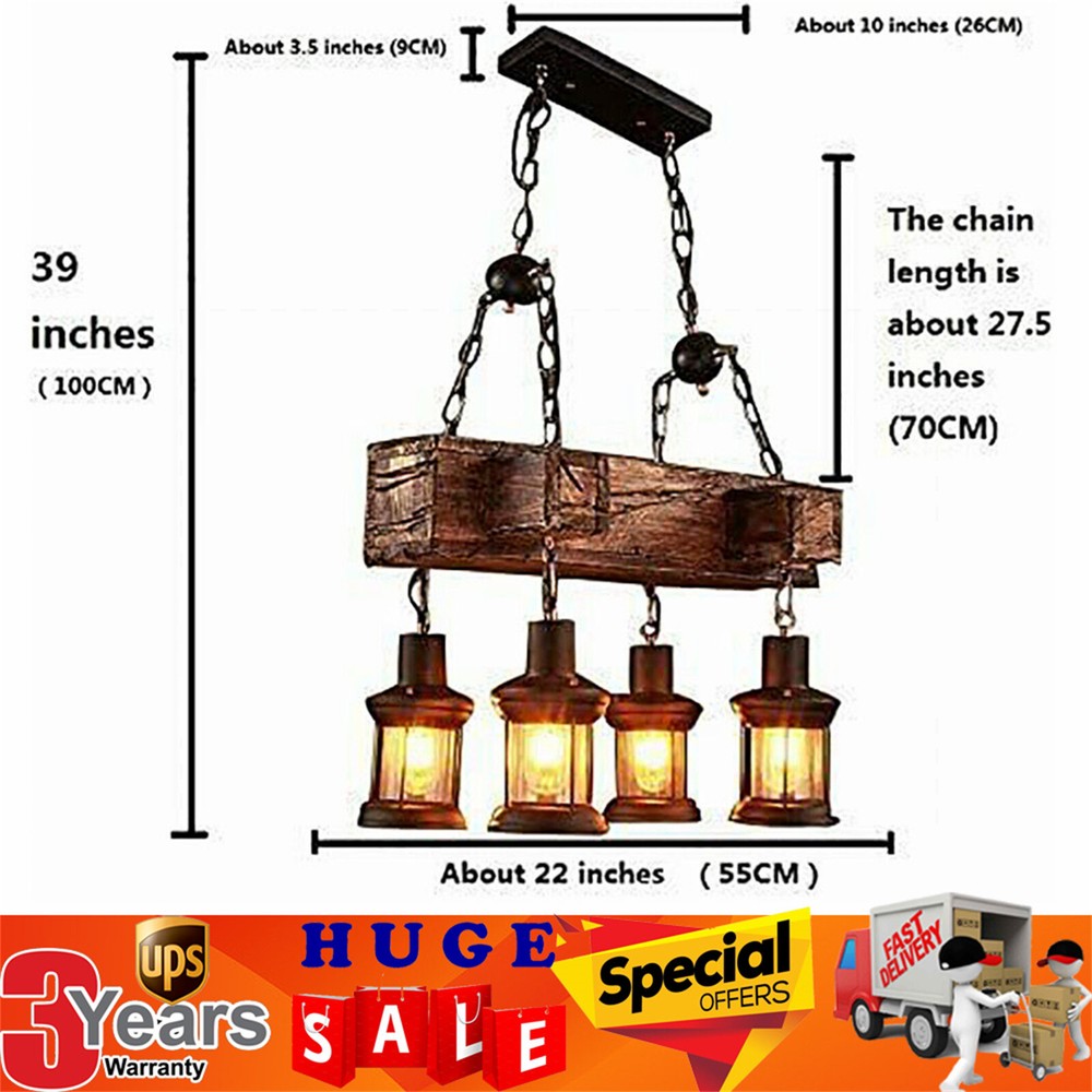 Rustic 4 Heads Chandelier Wood Industrial Ceiling Lamp Pendant Light Fixture USA