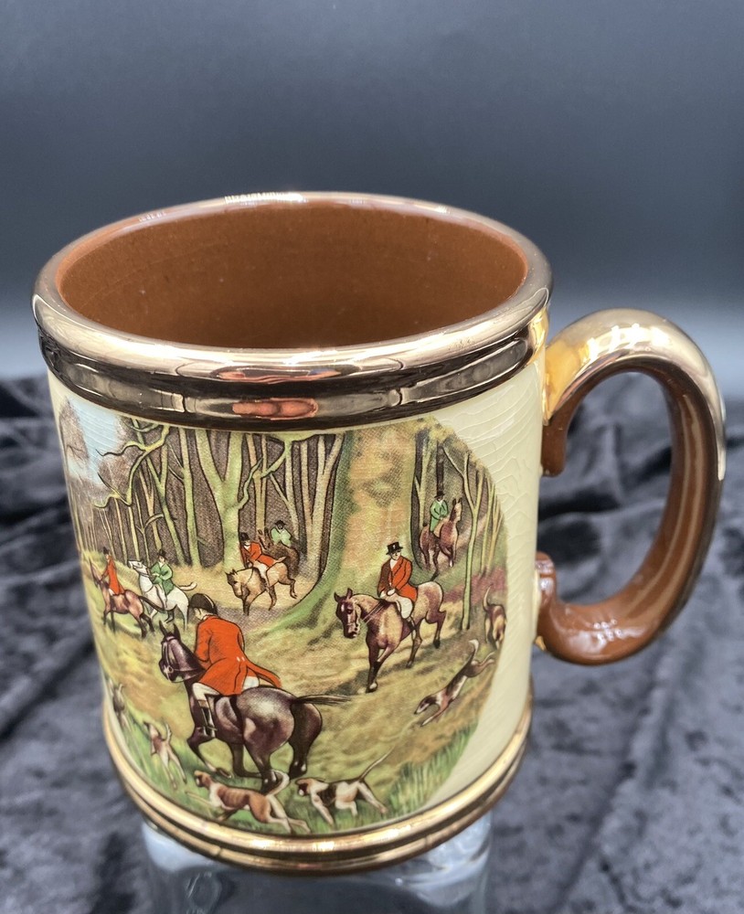 Vintage Gibsons Staffordshire (England) Large Mug, Fox Hunting Scene, Gold Trim