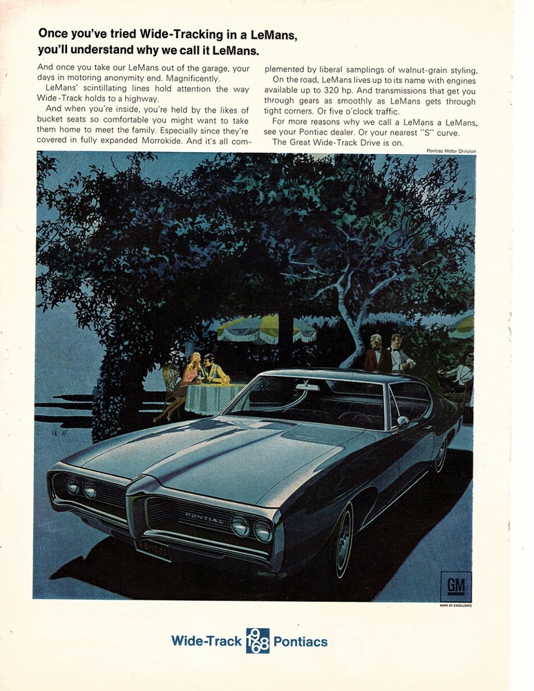 1968 PONTIAC LEMANS 2-DOOR COUPE WIDE-TRACK COUNTRY CLUB DINNER AD (j1000-image
