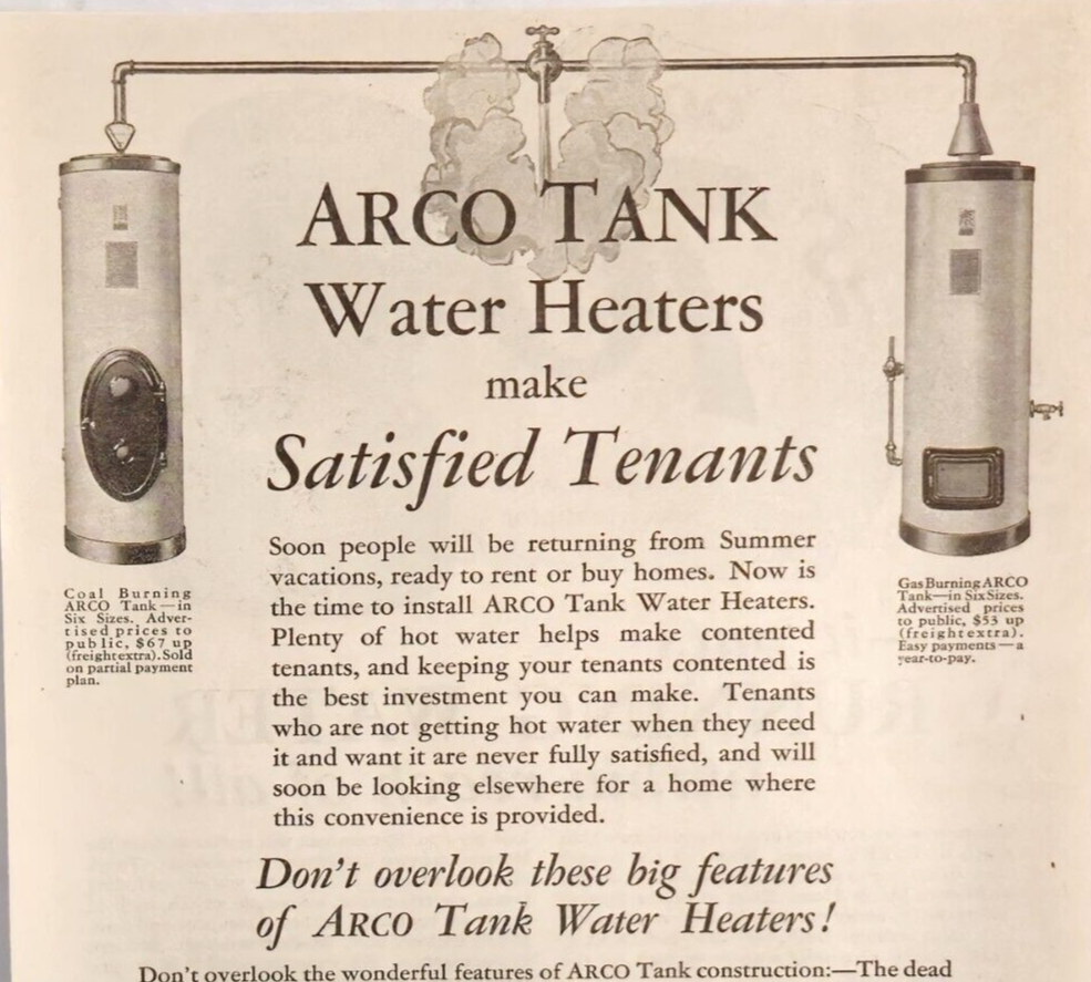 1927 ARCO Tank Water Heaters - American Radiator Co, New York NY - Vtg Print Ad