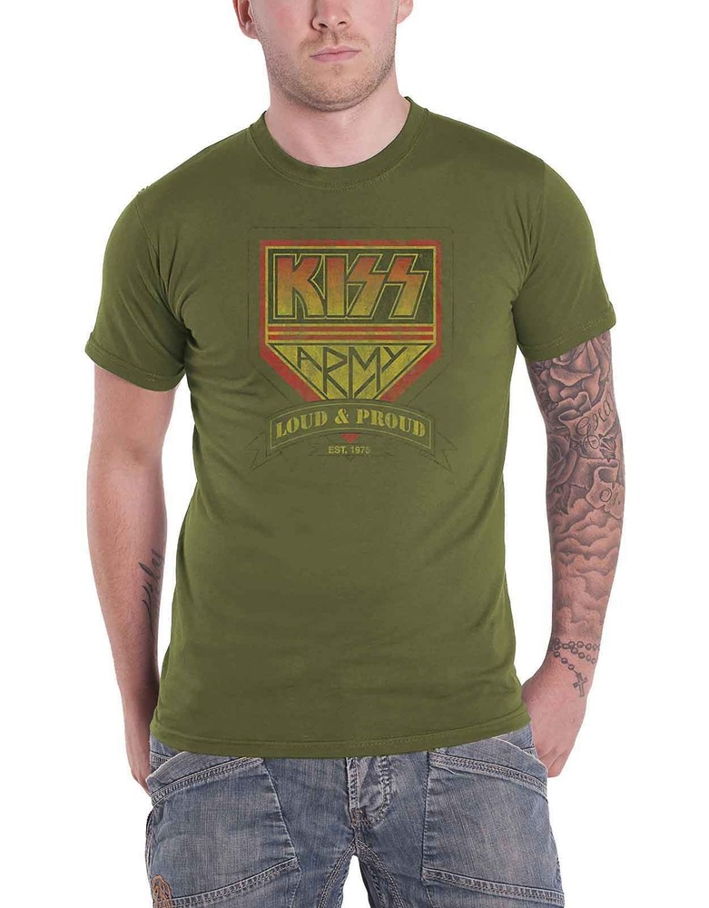 Kiss T Shirt Loud and Proud Band Logo new Official Mens Military Green