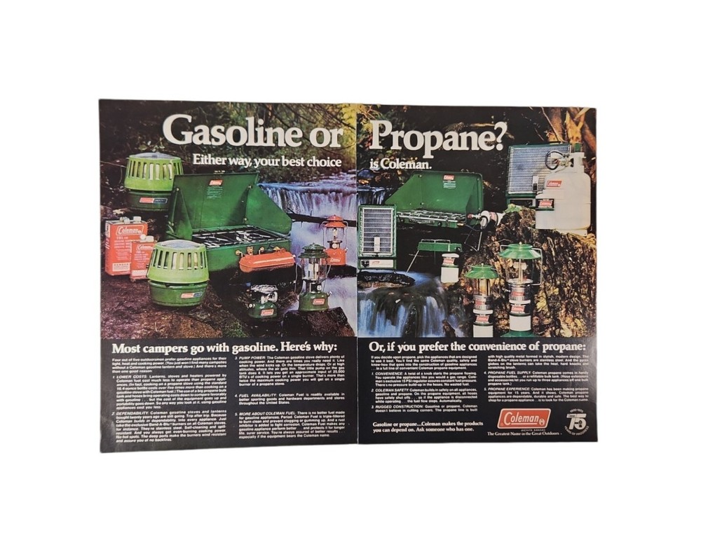 PRINT AD 1975 COLEMAN CAMPING GEAR 2 PAGE Shop Cabin Garage Art Full Color