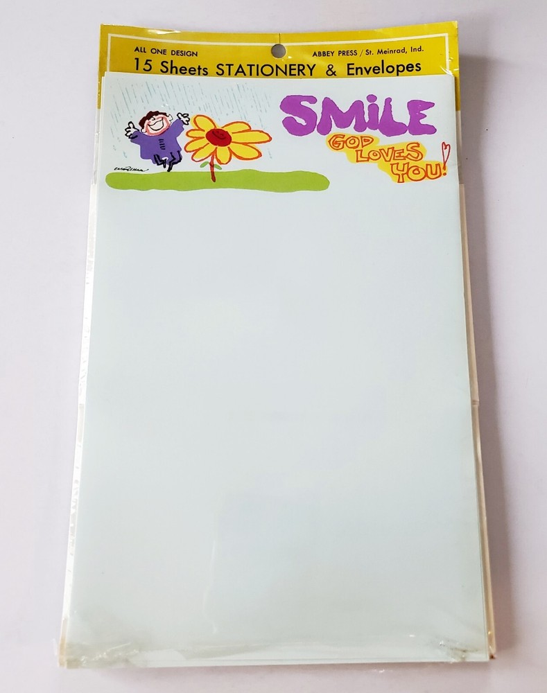 Vintage Stationery Sheets With Envelopes Abbey Press Smile God Loves You NEW-image