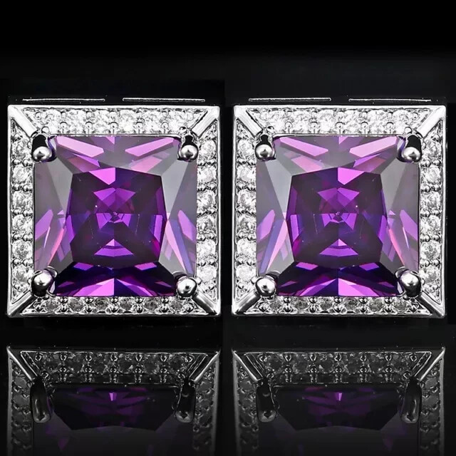 14K White Gold Plated Amethyst Cufflinks for Men Wedding Party Gift