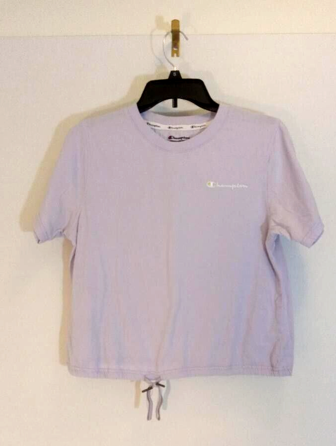 Champion T Shirt Womens Size Medium Lavender Cropped Drawstring Short Sleeve