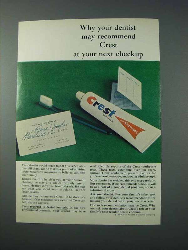 1963 Crest Toothpaste Vintage Ad Dentist Recommended Fluoride Formula